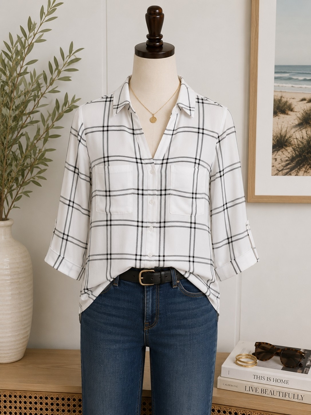 Fortune + Ivy White Black Plaid Button Down Blouse 3/4 Sleeve Size Small
